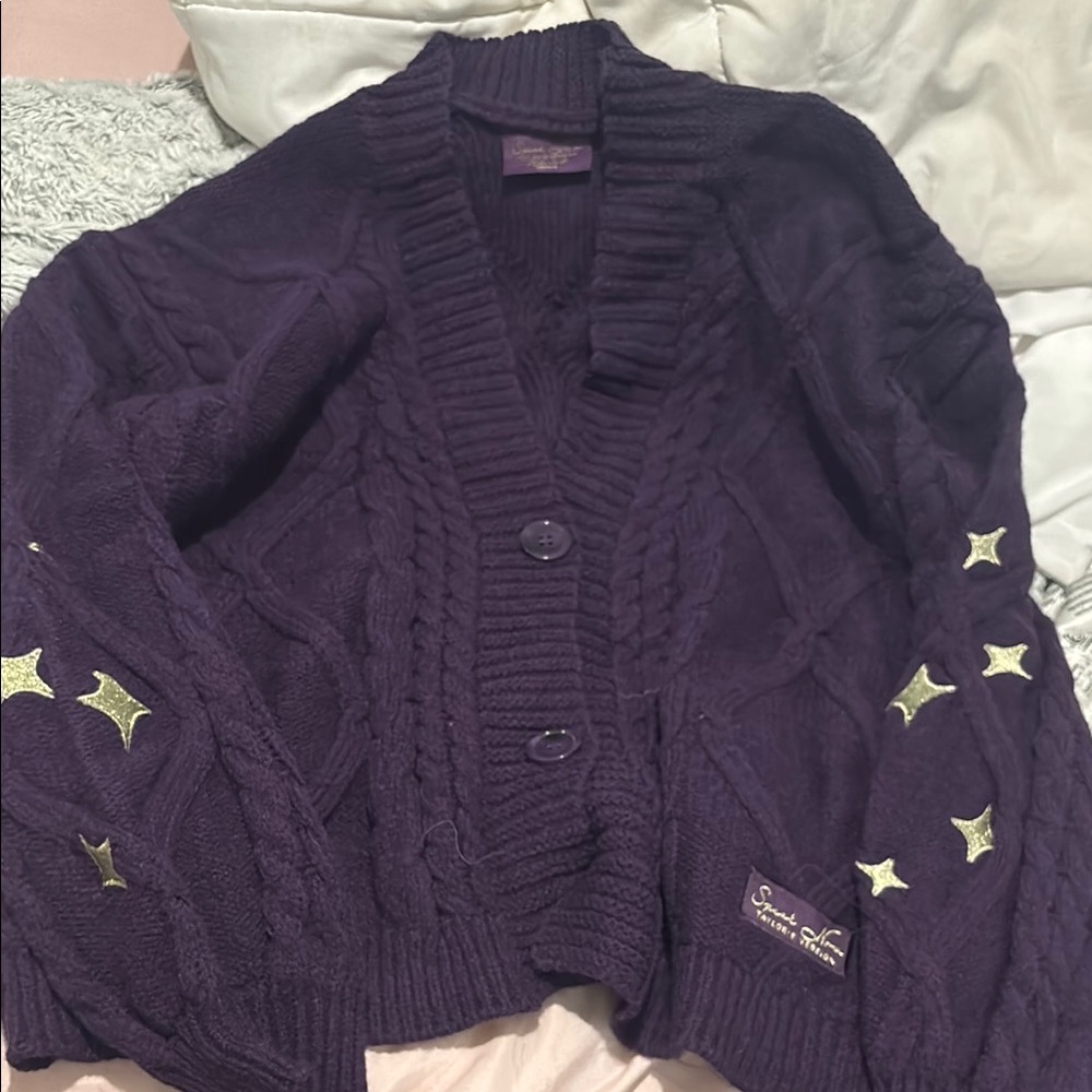 Purple Cable Knit Sweater with Star Accents